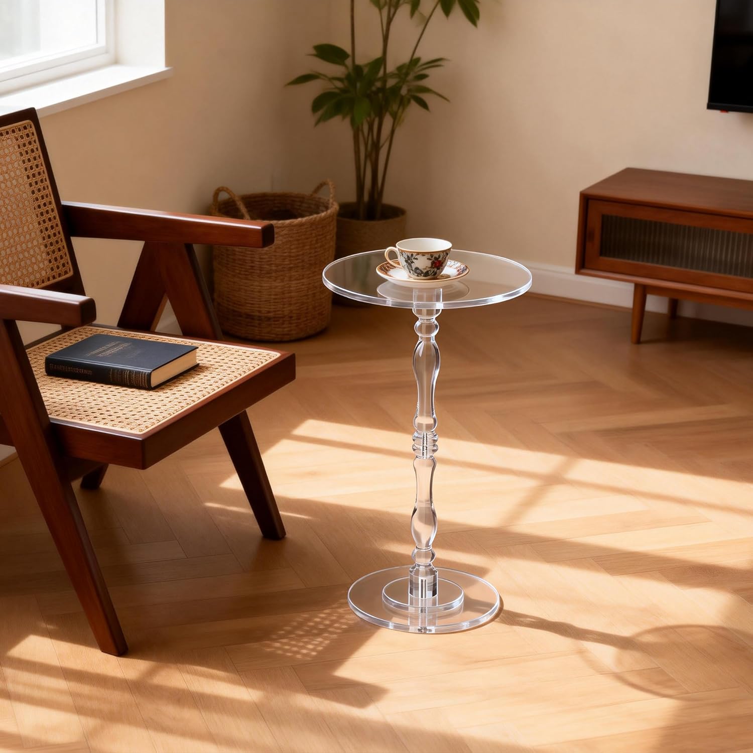 Acrylic Side Table, Classic Roman Column Pedestal End Table for Living Room, Bedroom,Balcony，Easy Assembly (Clear, Large)