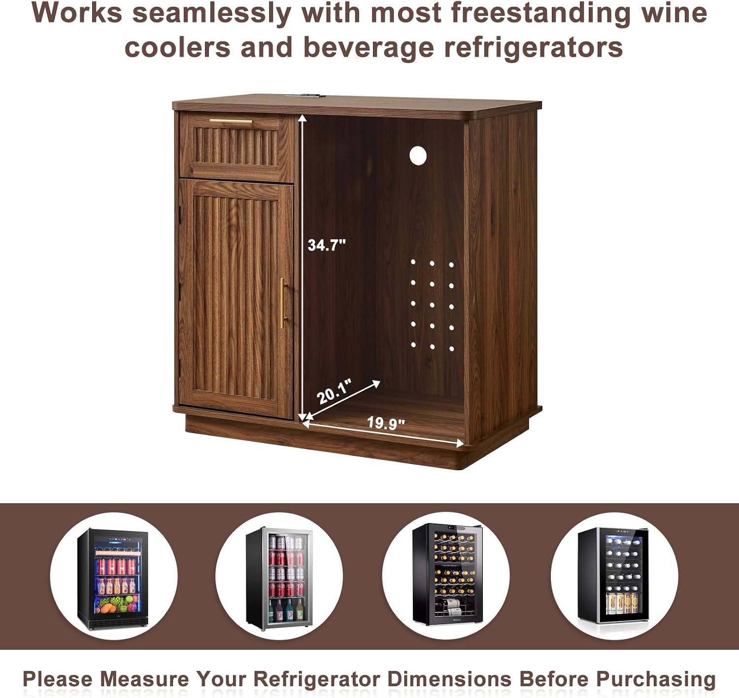 Okvnbjk Mini Fridge Cabinet with Storage & Power Outlet, Walnut | Coffee Bar Cabinet with Fridge Space, Fluted Bar Cabinet for Living Room, Dining Room, Dorm