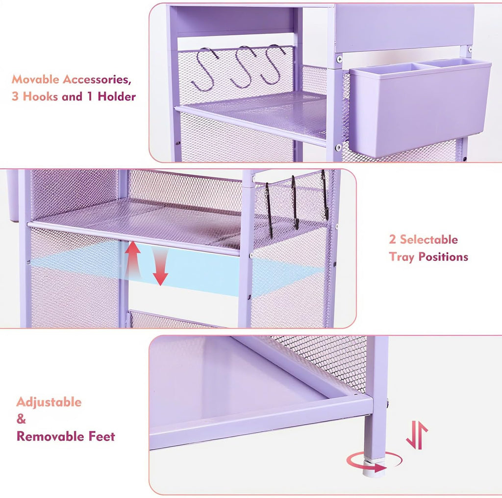 Purple Nightstand, End Table with Hooks and Holder, Kids Nightstand for Bedroom, Toddler Bedside Table, Small Desk for Girls, Coffee Table for Living Room, Dorm, Office (Purple)