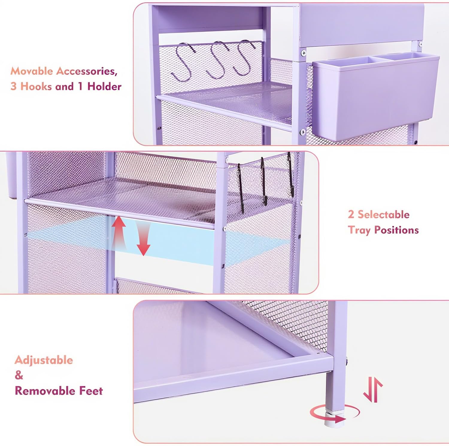 Purple Nightstand, End Table with Hooks and Holder, Kids Nightstand for Bedroom, Toddler Bedside Table, Small Desk for Girls, Coffee Table for Living Room, Dorm, Office (Purple)