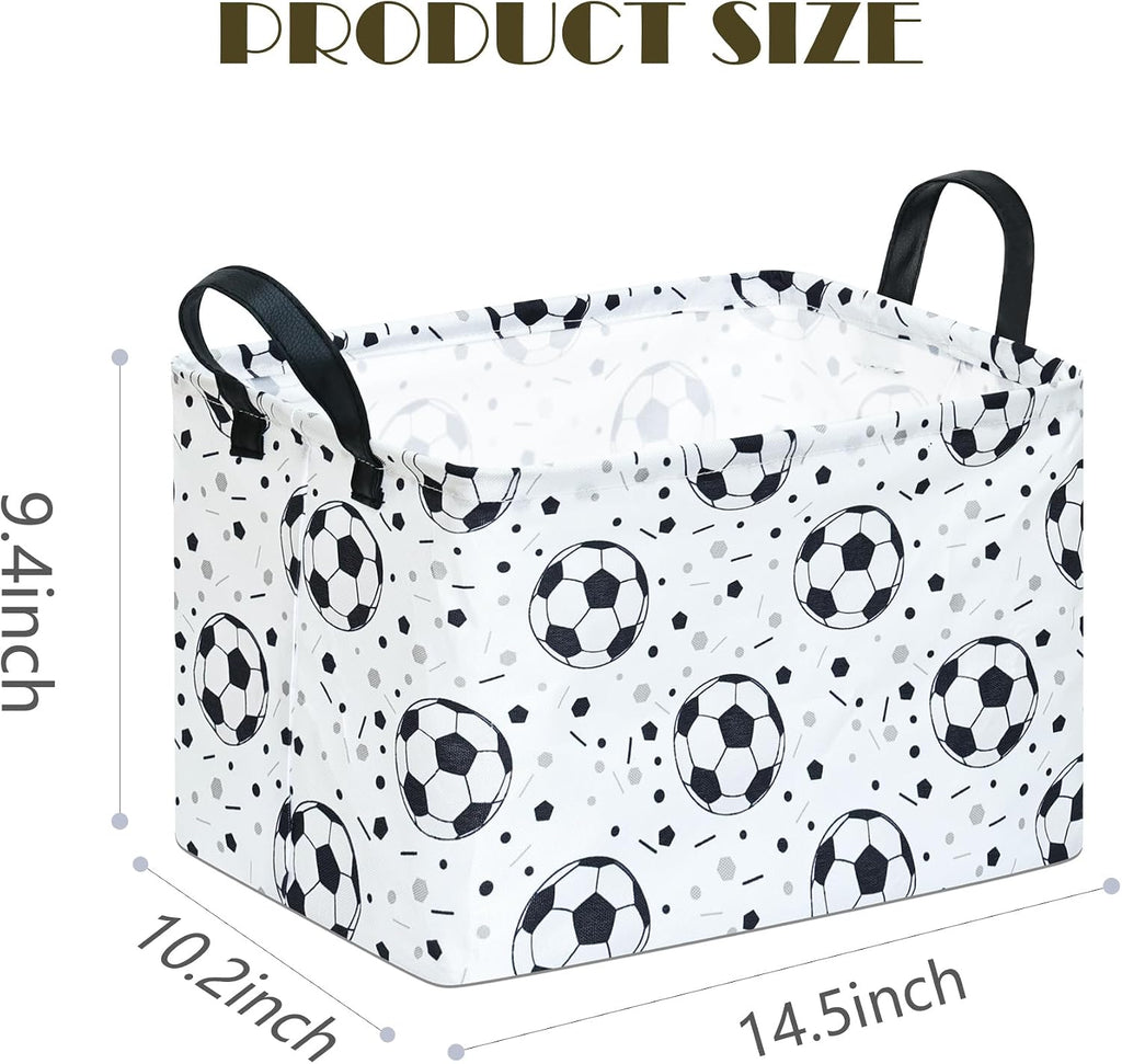 Kids Storage Basket with Soccer Print, 14.5" x 10.2" x 9.1", Waterproof with Leather Handles, Collapsible Rectangular Bin for Boys Sports Gear, Toys & Laundry