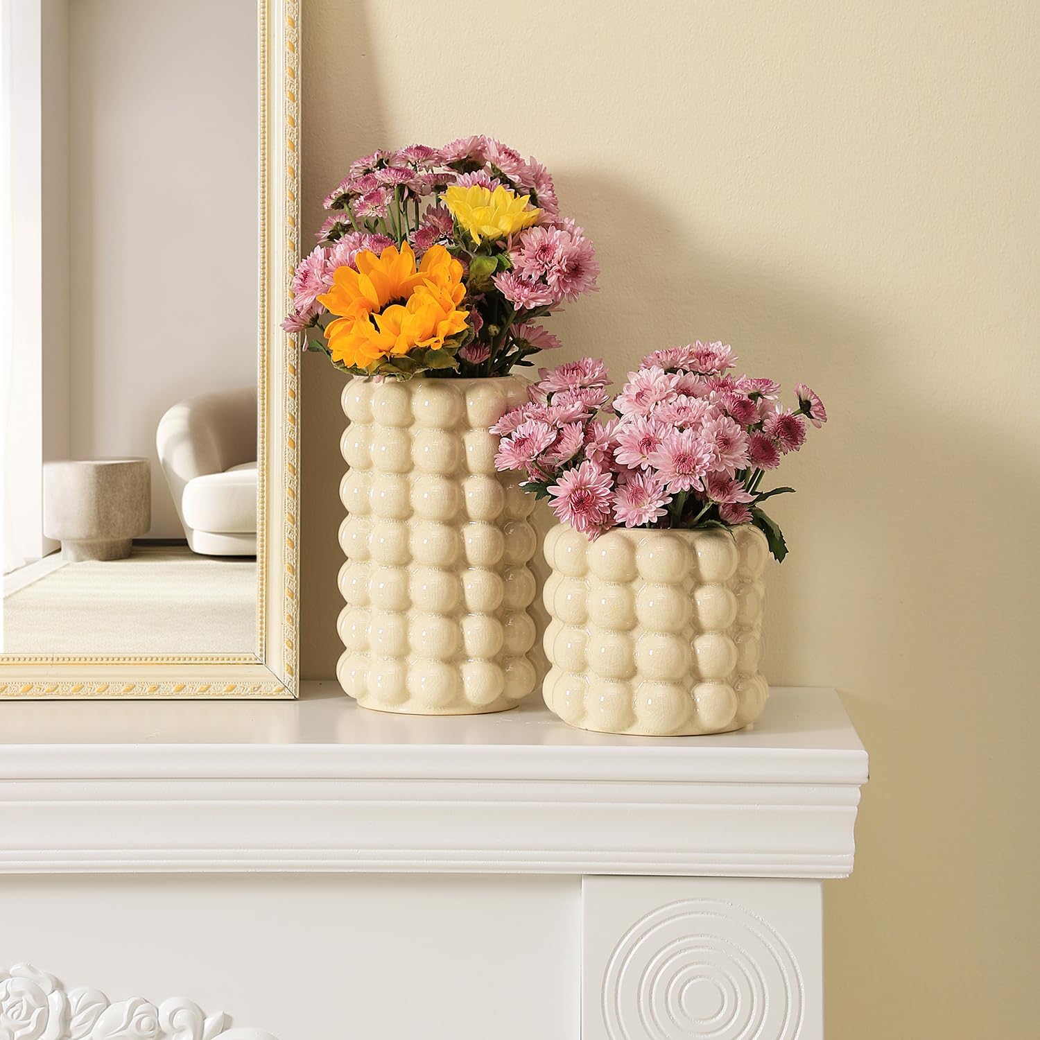 Bubble Vases, Set of 2 Ceramic Vase for Flowers, Boho Ceramic Flower Vases for Decor, Tall Bubble Vase for Living Room, Dining Table, Wedding, Mantel, Coffee Table(Beige)