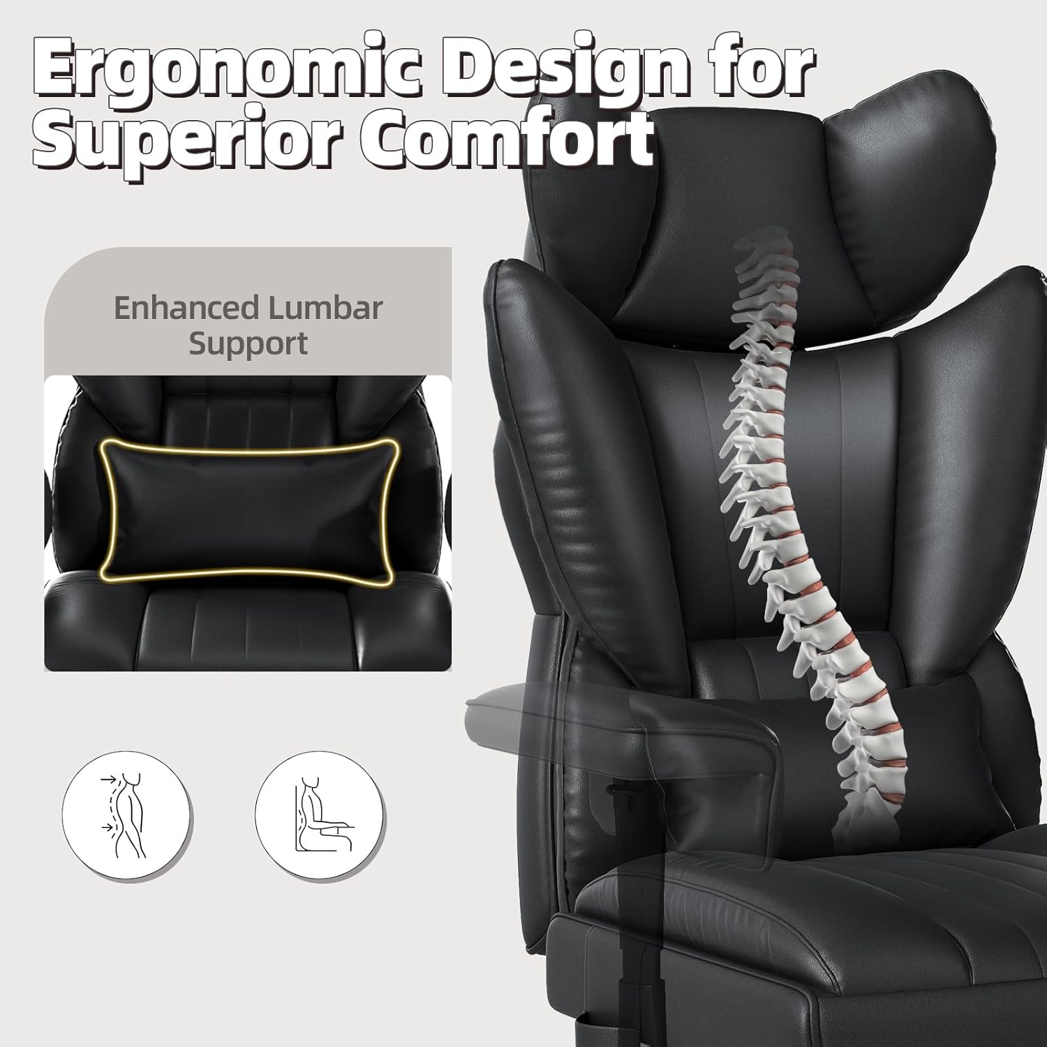 6 Points Massage Office Chair with Foot Rest - 400LBS Executive Office Chair with Adjustable Headrest, Armrest and Lumbar Pillow, Comfortable Leather Desk Chair for Home Office, Black