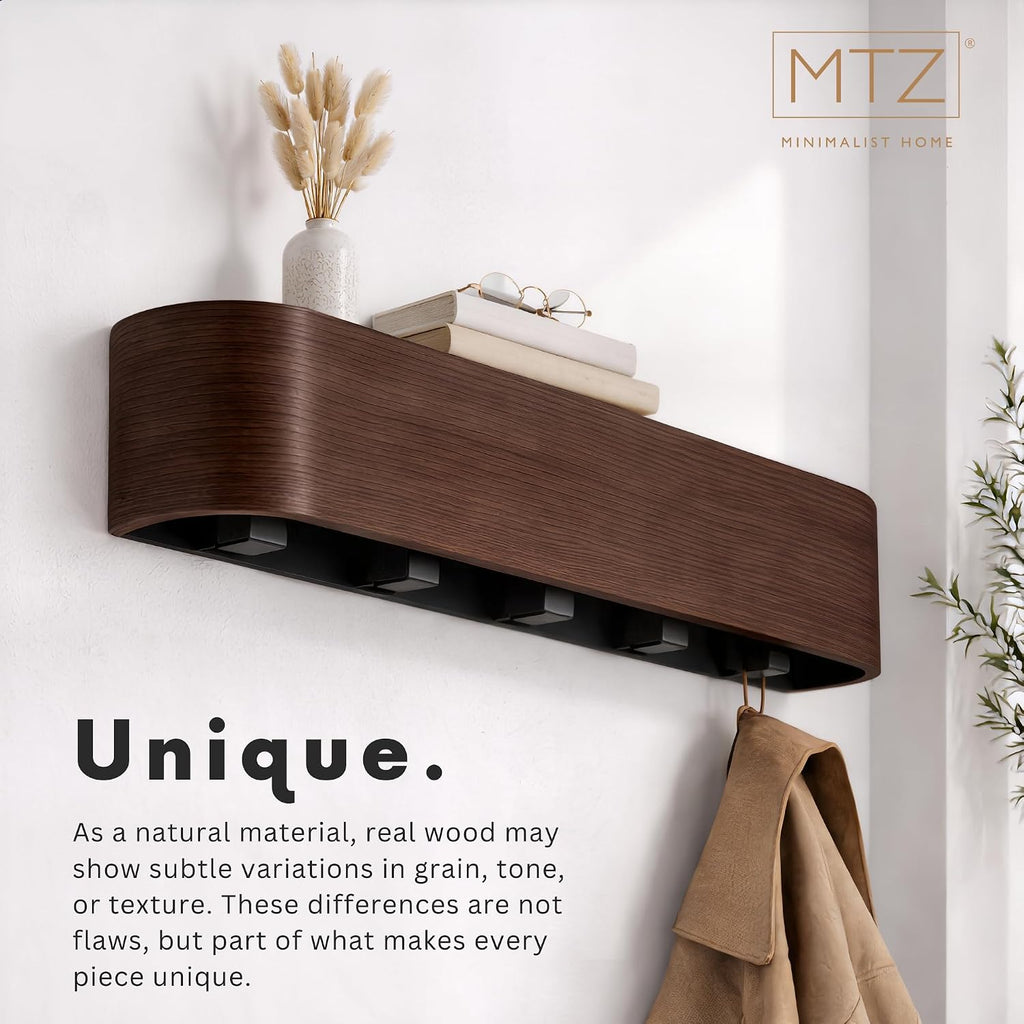 MTZ Solid Wooden Wall Mounted Coat Rack with Shelf & 5 Hidden Hooks – Modern Entryway Coat Hanger, Wood Coat Rack for Jackets, Bags & Keys, Minimalist Wall Hook Rack (Walnut)