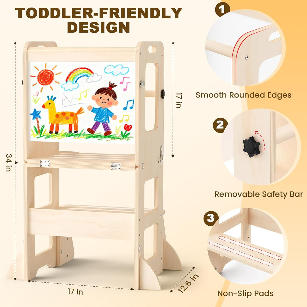 4-in-1 Toddler Kitchen Step Stool, Foldable Learning Standing Tower with Whiteboard, Wooden Kitchen Stool Helper for Kids, 1-3 Year Old Boy Girl Gifts