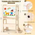 4-in-1 Toddler Kitchen Step Stool, Foldable Learning Standing Tower with Whiteboard, Wooden Kitchen Stool Helper for Kids, 1-3 Year Old Boy Girl Gifts