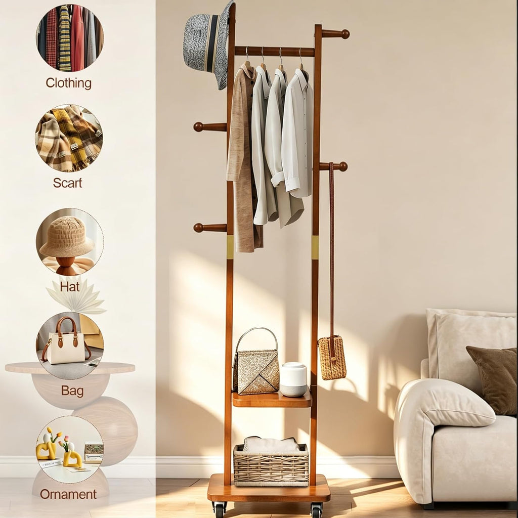 Solid Wood Coat Rack with Wheels - 2-Tier Freestanding Clothing Rack with 5 Hooks & Storage Shelves, Heavy Duty Rolling Clothes Stand for Entryway, Bedroom, Corner