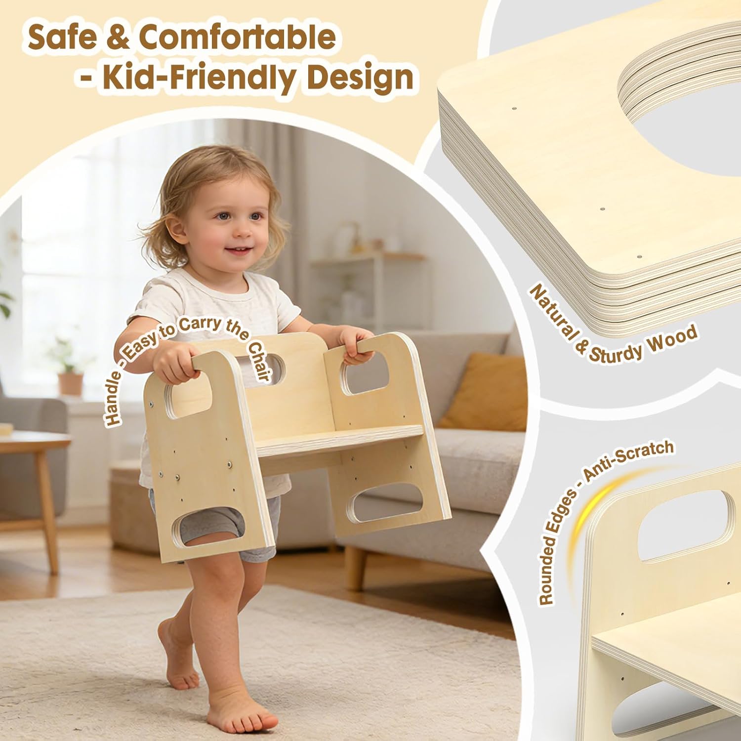 GVOO Montessori Weaning Table and Chair Set, 3 Adjustable Height Toddler Table and Chair Set with Drawing Board, for Eating, Playing and Reading, Baby Proofing Design, Gifts for Kids