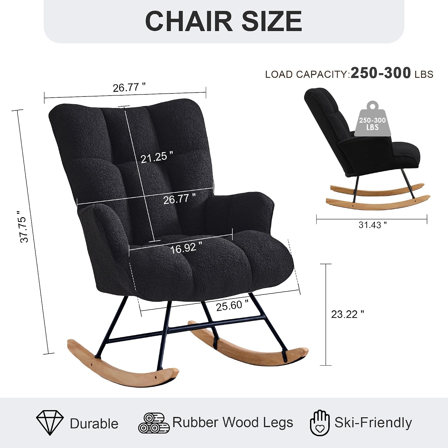 Zedachica Rocking Chair Nursery Teddy Upholstered Glider Rocker Rocking Accent Chair Padded Seat with High Backrest Armchair Comfy Side Chair for Living Room Bedroom Offices (Black Teddy)