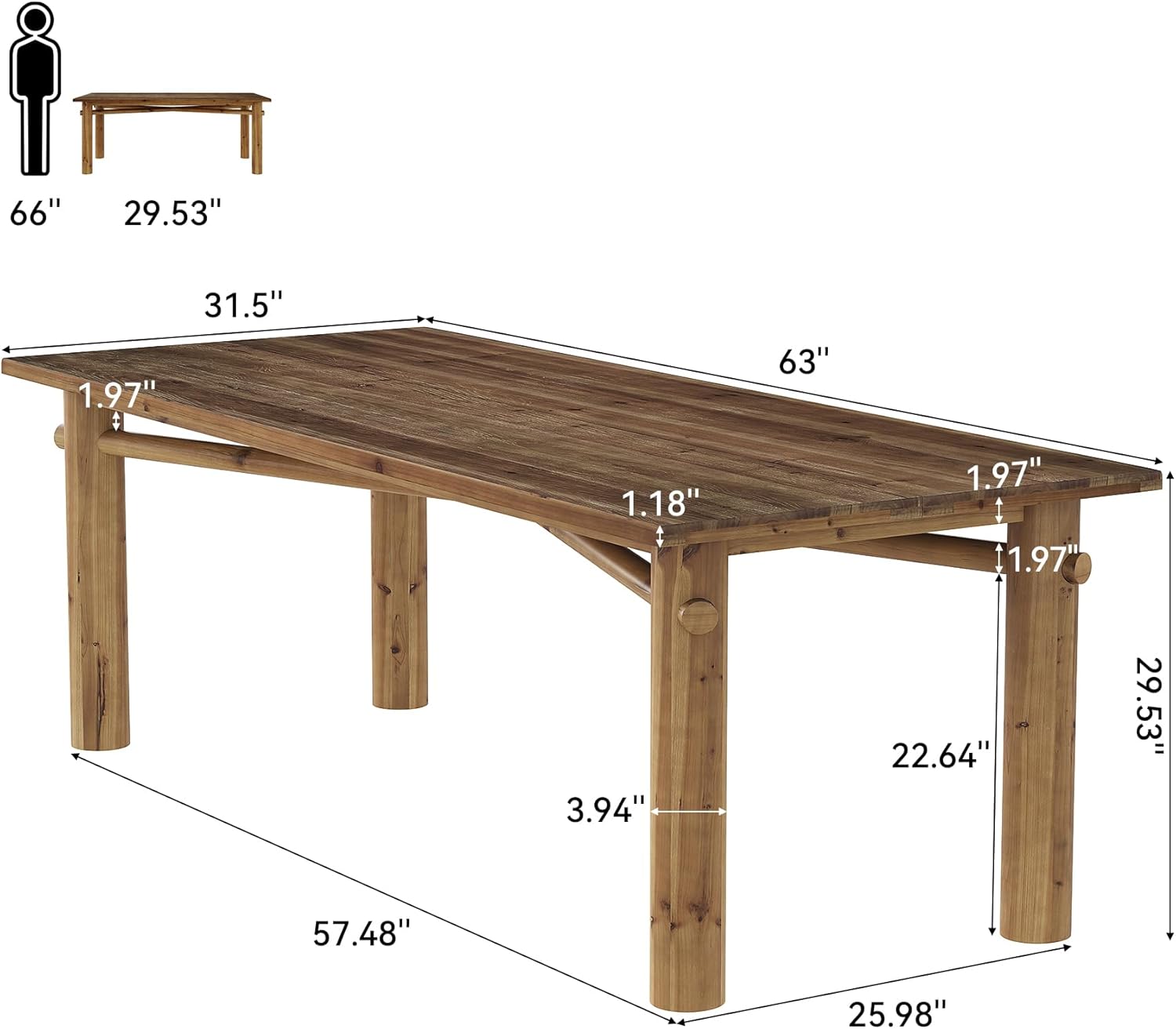 Solid Wood Dining Table for 6, 63-Inch Wooden Kitchen Table with Strong Legs, Farmhouse Rectangle Dinner Table for Dining Room, Living Room