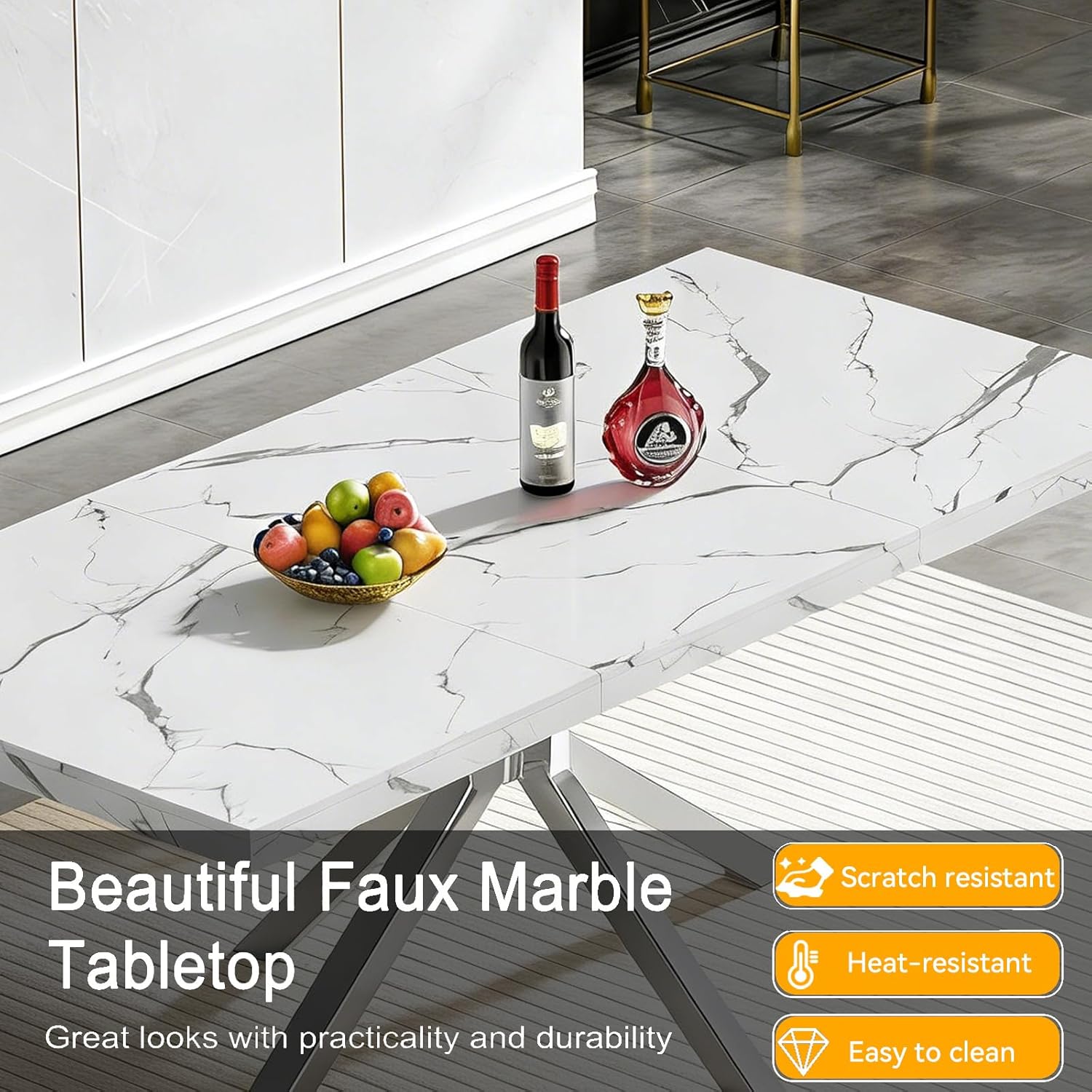 70 inch Faux Marble Dining Table for 4-6, Modern Kitchen Table with White Faux Marble Tabletop, Silver Stainless Steel X Base, Rectangular Dining Room Table for Dinner, Party, Meeting, Celebration