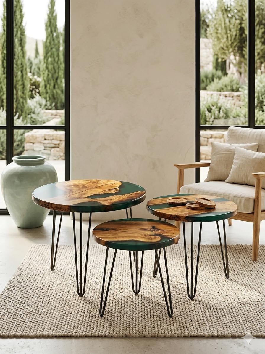Handcrafted Olive Wood and Walnut Nesting Tables with Resin Inlay, Round Tops, Hairpin Legs, Set of 3 (Green, Olive)