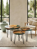 Handcrafted Olive Wood and Walnut Nesting Tables with Resin Inlay, Round Tops, Hairpin Legs, Set of 3 (Green, Olive)