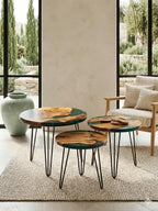 Handcrafted Olive Wood and Walnut Nesting Tables with Resin Inlay, Round Tops, Hairpin Legs, Set of 3 (Green, Olive)