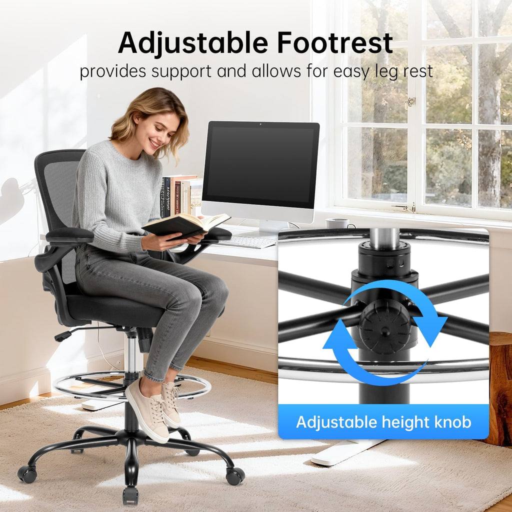 Drafting Chair Ergonomic Comuputer Standing Desk Chair with Flip-Up Arms and Lumbar Support, Tall Office Chair with Adjustable Footrest, Stool Counter Height Office Chairs Black
