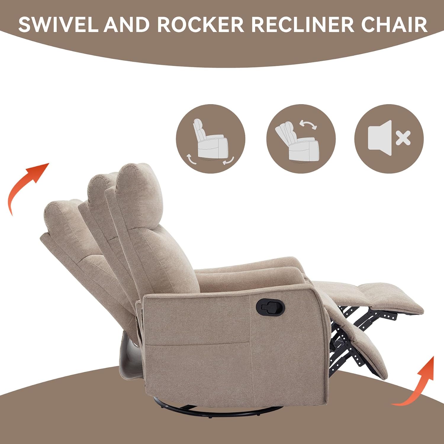 Rocker Recliner Chair for Adults, Swivel Rocker Recliner with Massage and Heat, Adjustable Glider Recliner Nursery Chair with Black Metal Base, Small Recliners for Small Spaces, Living Room (Khaki)