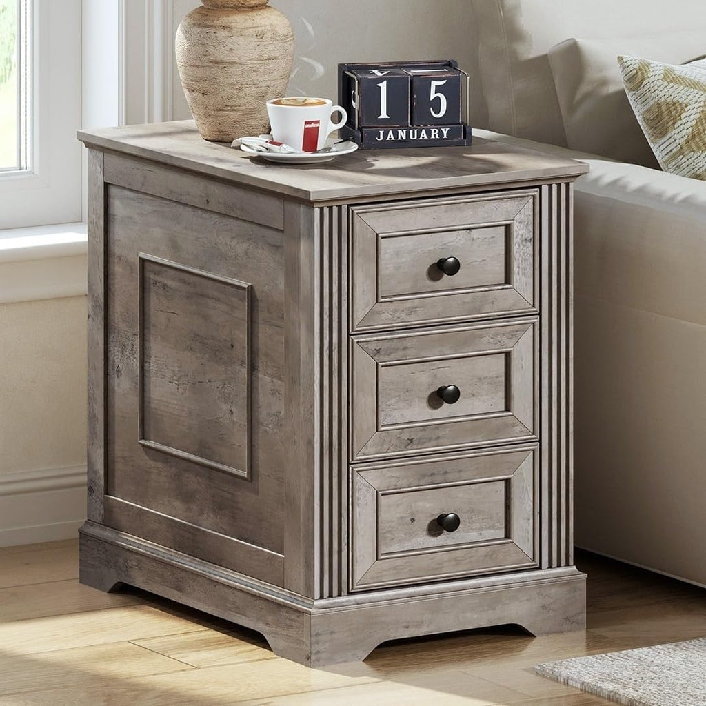 RALGEND Farmhouse End Table with 3 Drawers, Wooden Slim Nightstand, Narrow Sofa Side Table with Storage for Living Room, Bedroom, Study, Greige