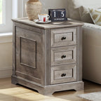 RALGEND Farmhouse End Table with 3 Drawers, Wooden Slim Nightstand, Narrow Sofa Side Table with Storage for Living Room, Bedroom, Study, Greige