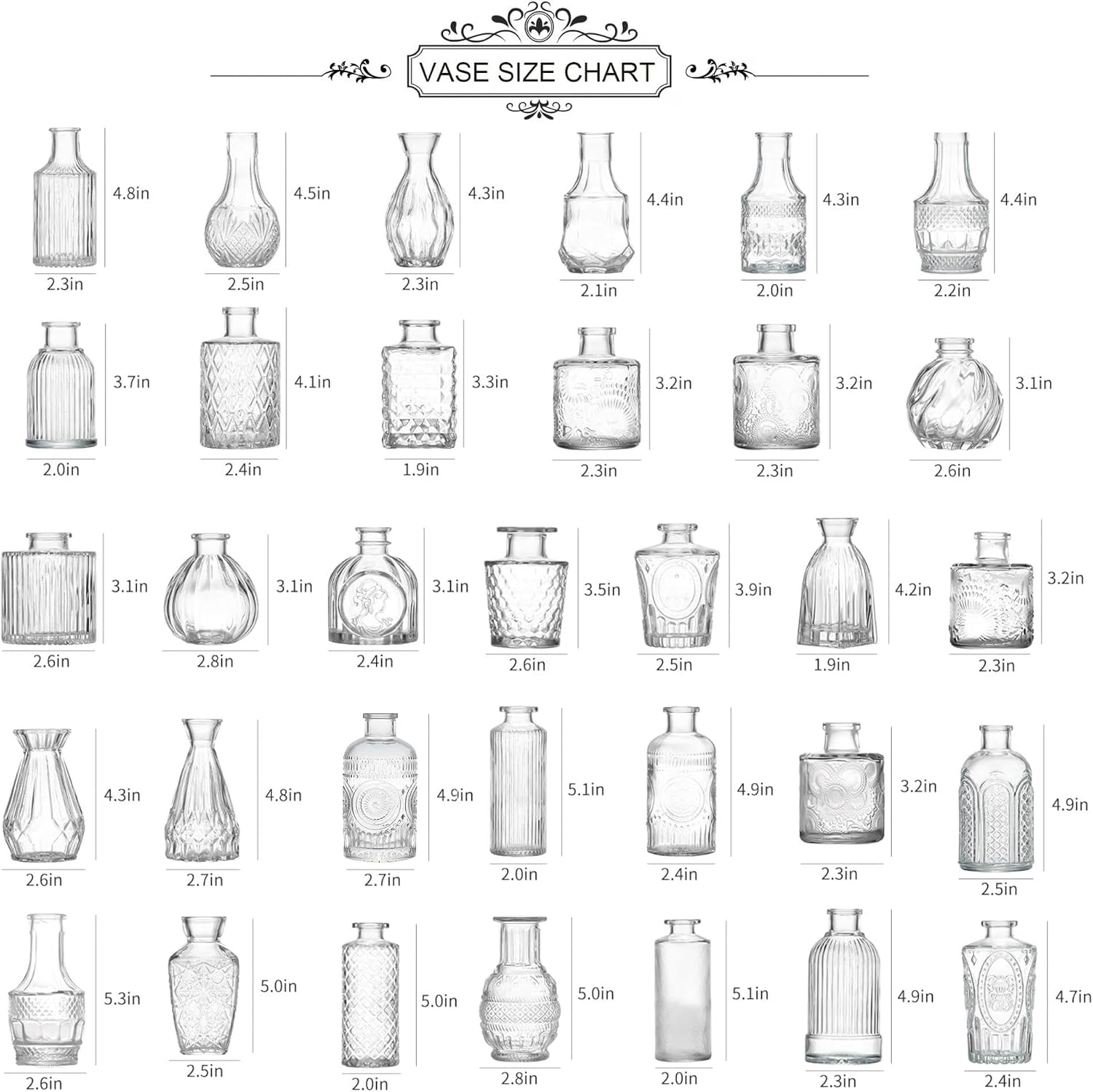 Glass Bud Vase Set of 33, Clear Small Vases Bulk for Wedding & Home Decor | Assorted Shapes & Sizes, Premium Clear Glass, Sturdy Packaging, Versatile for Weddings/Events/Home, Great Gift Choice