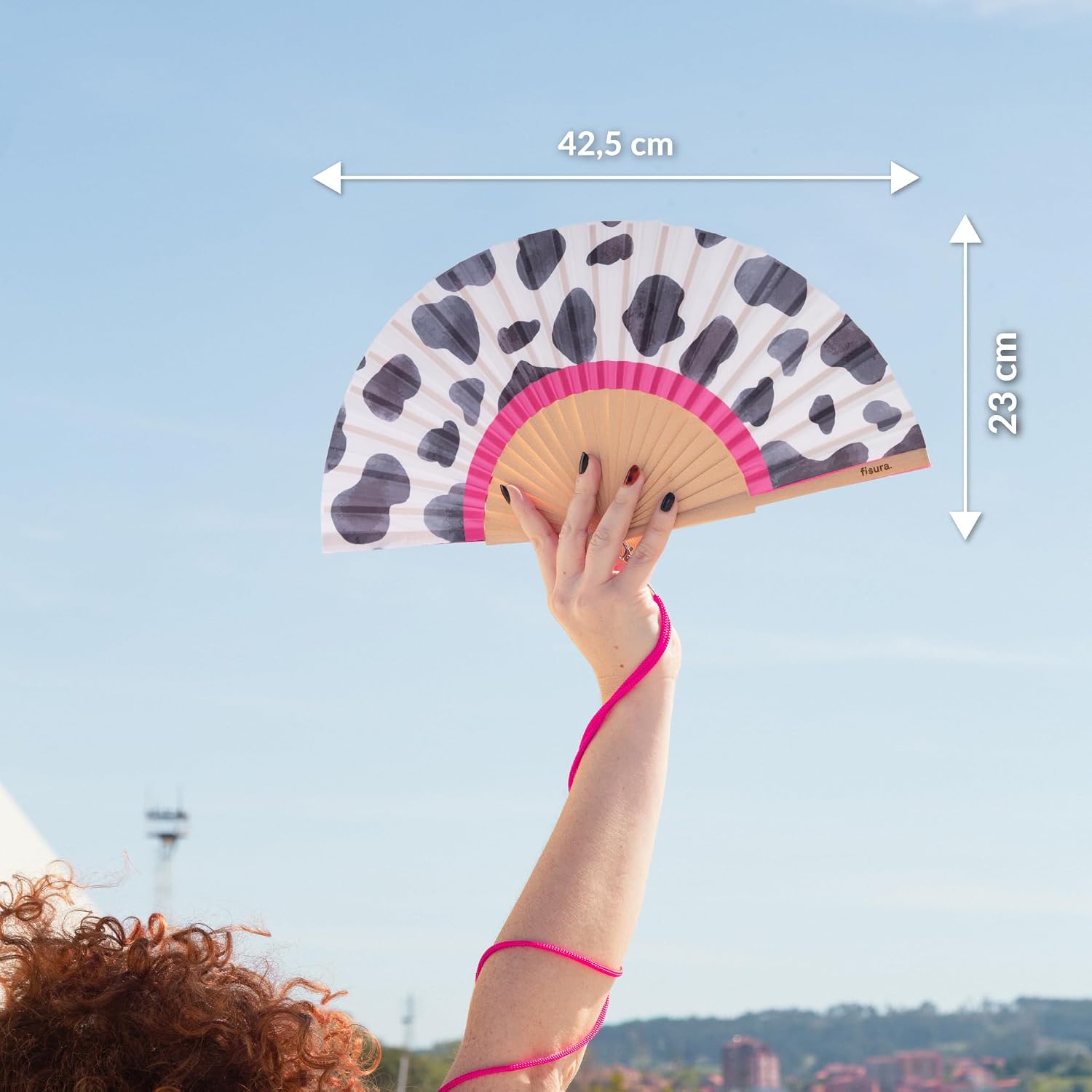 FISURA Wooden Hand Fan with Eye-catching Black and White Cow Pattern Original Stylish Accessory Portable Handheld Fan with Handy Hanger Dimensions: 42.5 x 23 cm