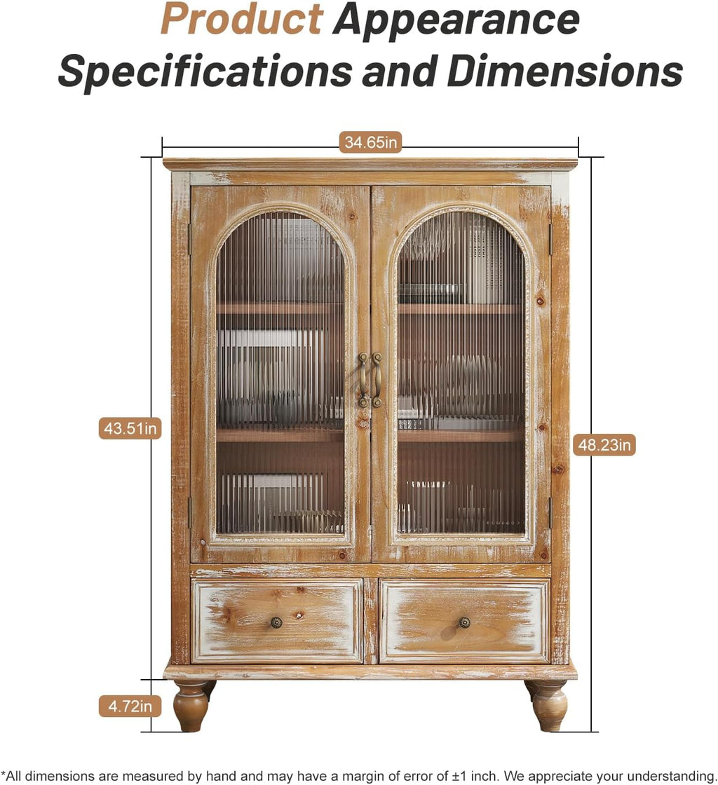 LKTART Solid Wood Storage Cabinet, Kitchen Sideboard Buffet Pantry Cabinet with Glass Doors & Drawers, Entryway Cabinet, Rustic Display Cabinet for Living Room,Natural Wood,48" Tall