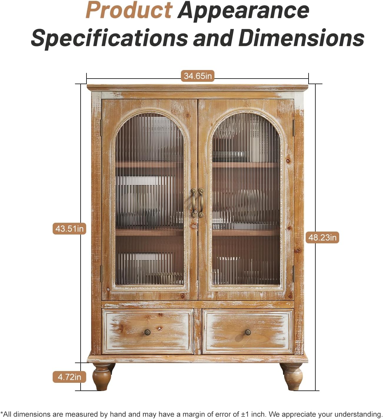 LKTART Solid Wood Storage Cabinet, Kitchen Sideboard Buffet Pantry Cabinet with Glass Doors & Drawers, Entryway Cabinet, Rustic Display Cabinet for Living Room,Natural Wood,48" Tall