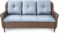 Patio Couch Outdoor Wicker Sofa - Heavy Duty All-Weather Brown Rattan 3-Seater with High Back and Comfy Thick Cushions for Garden Back Porch Poolside Apartment - Baby Blue