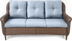 Patio Couch Outdoor Wicker Sofa - Heavy Duty All-Weather Brown Rattan 3-Seater with High Back and Comfy Thick Cushions for Garden Back Porch Poolside Apartment - Baby Blue