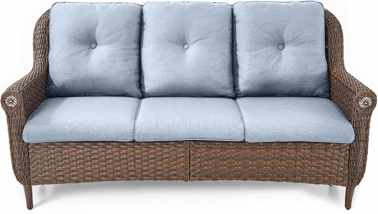 Patio Couch Outdoor Wicker Sofa - Heavy Duty All-Weather Brown Rattan 3-Seater with High Back and Comfy Thick Cushions for Garden Back Porch Poolside Apartment - Baby Blue