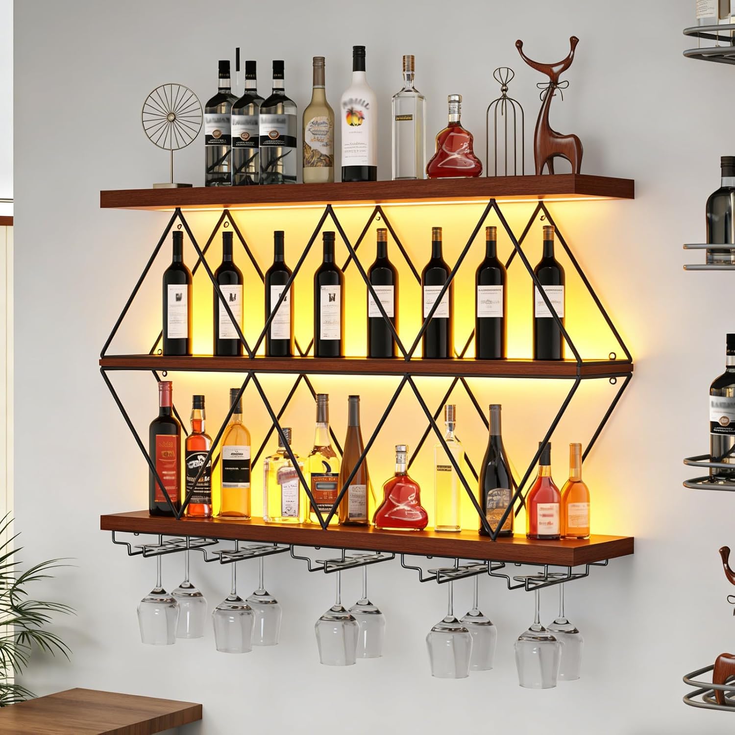 Large Wine Rack Wall Mounted Solid Wood DIY Floating Bar Liquor Bottles Storage Rack Hanging Holder Wine Bottle Racks for Home Bar Dining Room Decorative (71in/180cm)