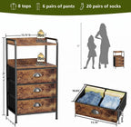 Night Stand Set 2, Nightstand with 3 Fabric Drawers and 2-Tier Shelf, Small Dresser Organizer, Bedside Table with Storage, End Table for Bedroom, Steel Frame, Wood Top, Rustic Brown