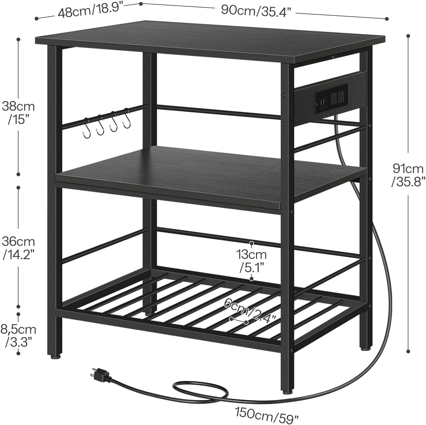 HOOBRO Kitchen Island with Storage, Kitchen Island Table with Power Outlet, 35.4" L 3 Tier Coffee Station and Microwave Stand, for Home, Kitchen and Dining Room, Black BB021ZD01