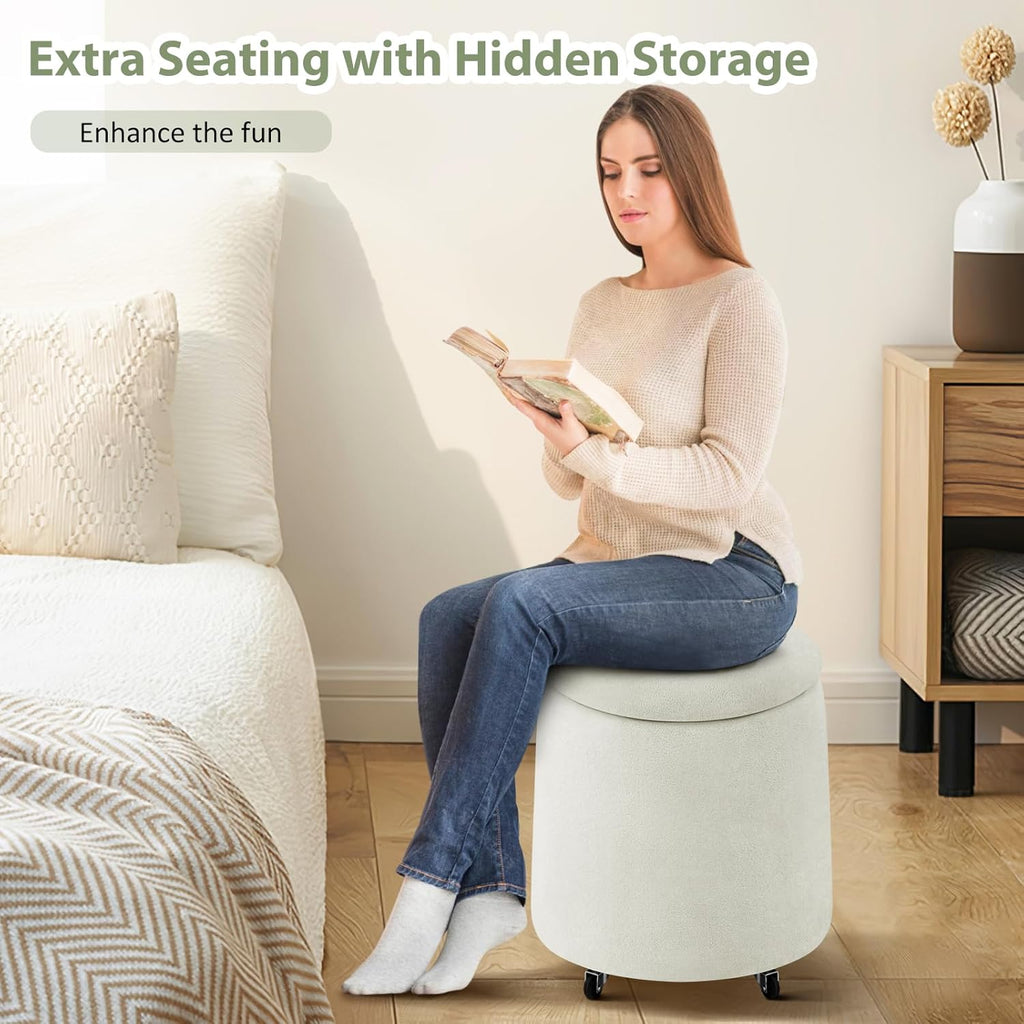 Storage Ottoman with Wheels, 15“W Swivel Rolling Foot Stool Boucle Terry Fabric Coffee Table Ottoman with Hidden Storage, Round Vanity Stools for Makeup Room Living Room Bedroom Entryway Dorm, Beige