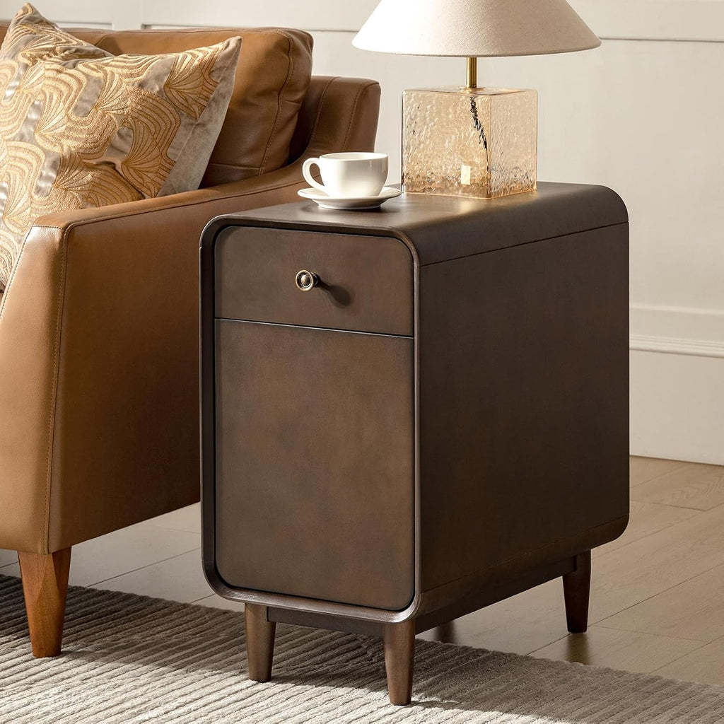 HULALA HOME Narrow End Table with Adjustable Shelf, Mid Century Modern End Table with Rear Storage, Solid Wood Legs, Walnut