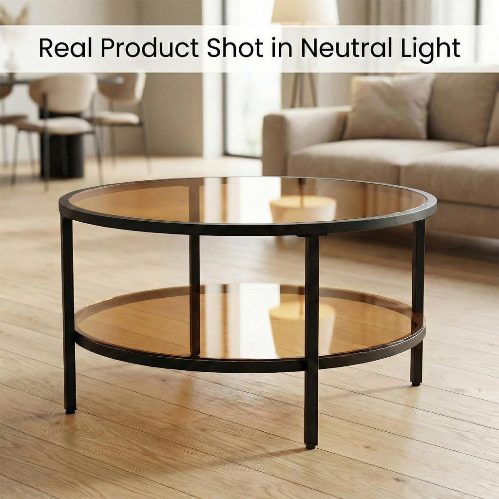 DIYART 29.5" Round Glass Coffee Table, 2-Tier Modern Amber Glass & Metal End Table for Living Room, Mid Century Accent Table with Lower Shelf, 29.5" D x 16.5" H