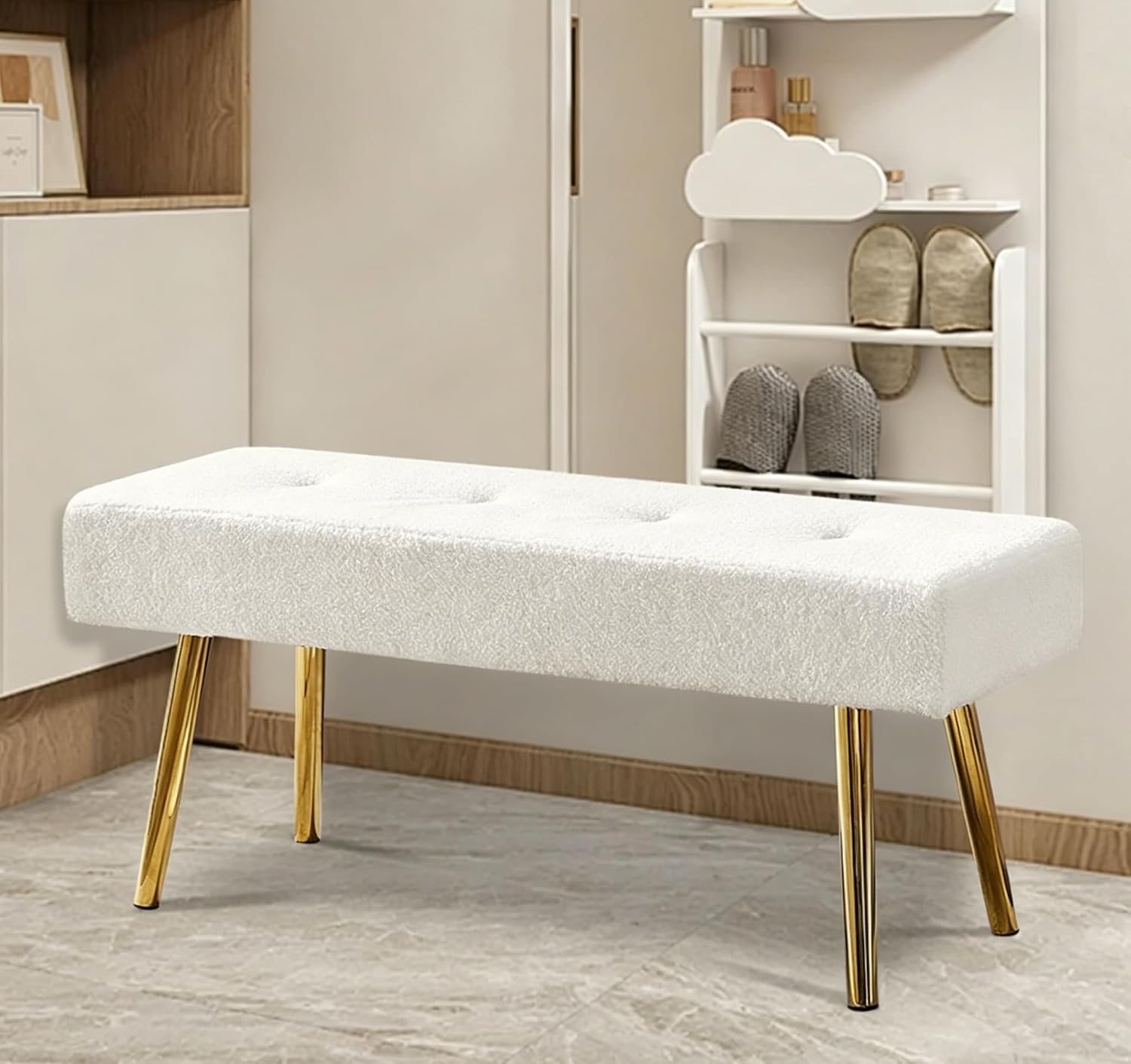 Entryway Bench, 40'' Upholstered Bedroom Benches, End of Bed Bench with Metal Legs, for Decorative, Living Room, Dining Room, White Bench, Teddy Velvet