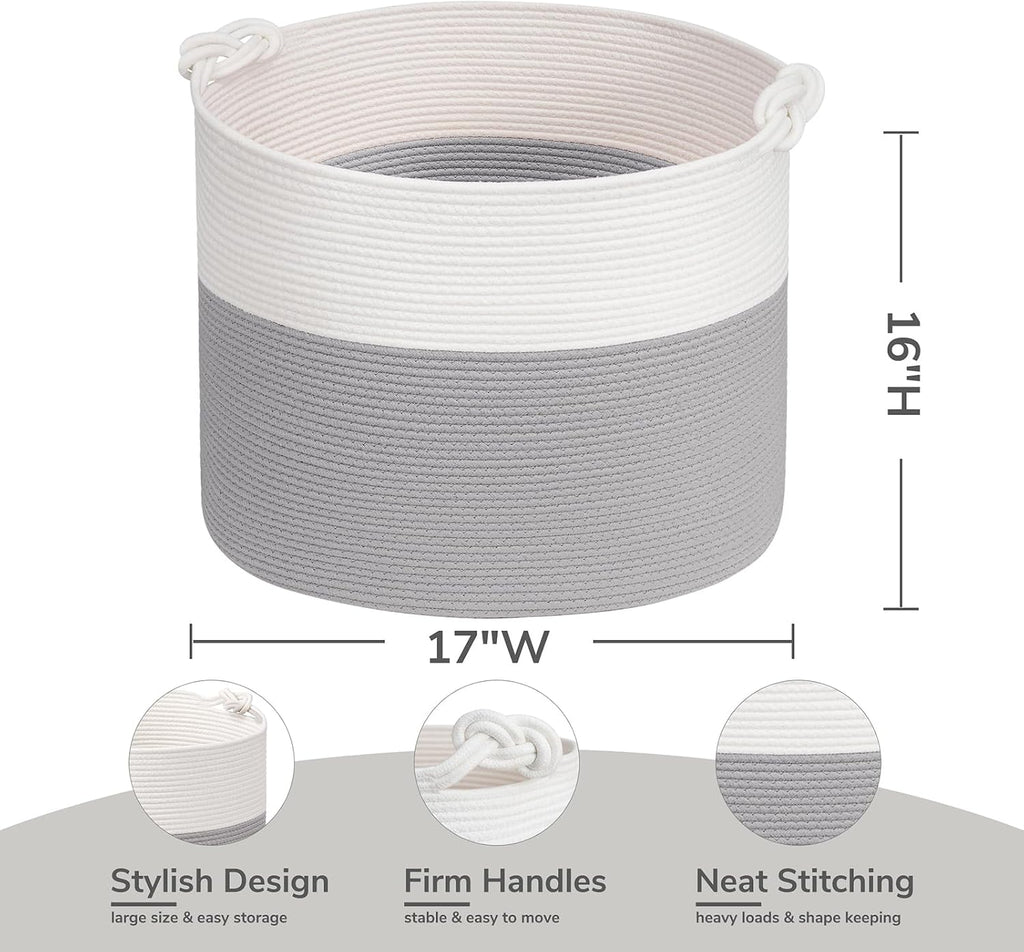 Goodpick 17"x16" Toy Storage for Kids, Home Décor Living Room, Baby Basket for Nursery Playroom, Soft Woven Cotton Rope Baskets for Blankets Pillows Clothes, Grey