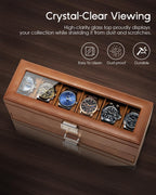 VLANDO Watch Box for Men, 6 Slot 2 Layer Watch Case, Brown | 6 slot 2 layer watch case with glass lid, lockable closure and lower storage for rings, keys and cufflinks
