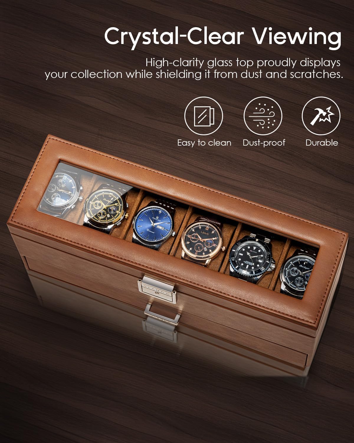 VLANDO Watch Box for Men, 6 Slot 2 Layer Watch Case, Brown | 6 slot 2 layer watch case with glass lid, lockable closure and lower storage for rings, keys and cufflinks