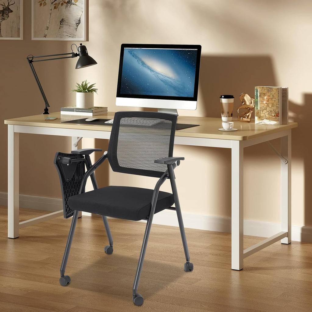 Foldable Conference Room Chair Office Guest Chairs and Reception Chairs with Wheels,Mesh Back Guest Reception Chair Foldable Desk Chair for Home Office,Black (2 PCS with Tablet)