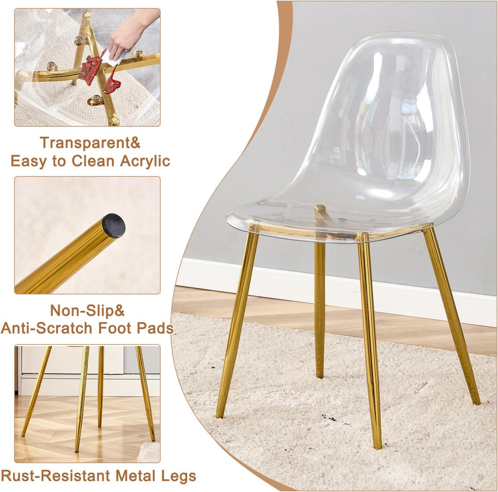 Ebullient Glass Dining Table Set for 4, 51" Clear Tempered Glass Tabletop with Gold Chrome Metal Legs and 4 Transparent Acrylic Chairs, Compact Modern Kitchen Table Set for Small Space Dining Room