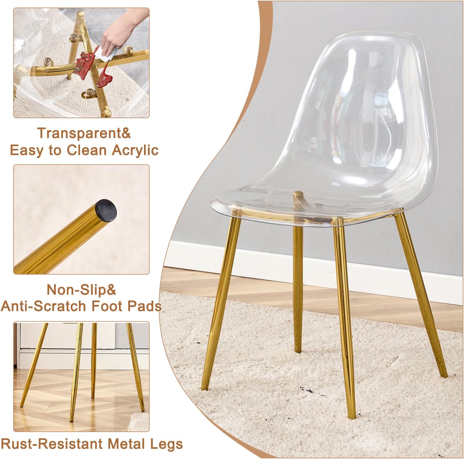 Ebullient Glass Dining Table Set for 4, 51" Clear Tempered Glass Tabletop with Gold Chrome Metal Legs and 4 Transparent Acrylic Chairs, Compact Modern Kitchen Table Set for Small Space Dining Room