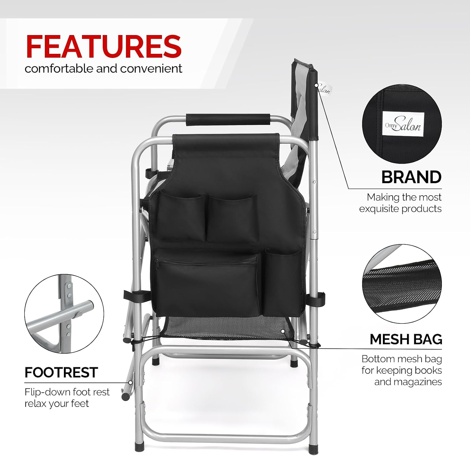 OmySalon Directors Camping Chair with Side Table Storage Bag, Foldable Camping Chair for Aritist & Client (26in)