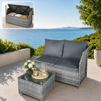GIANGSUNNY 3 Patio Furniture Set with Storage, Outdoor Sectional Wicker Rattan Conversation Set with Loveseat & Glass Coffee Table, All-Weather Patio Seating (Grey, 3Pcs Set with Storage)