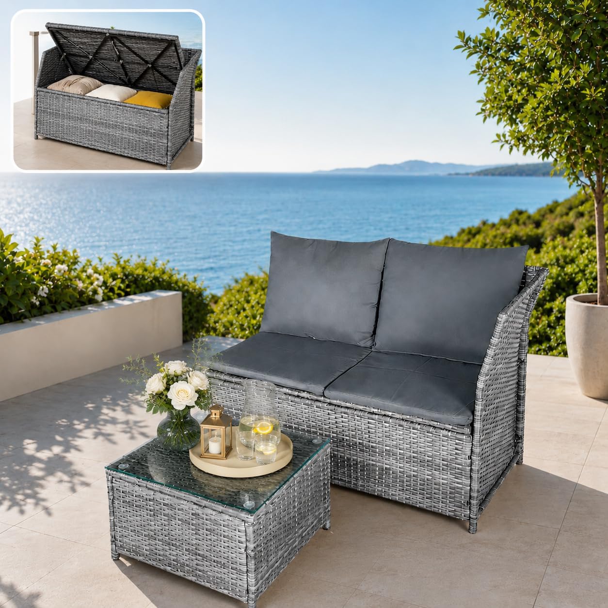 GIANGSUNNY 3 Patio Furniture Set with Storage, Outdoor Sectional Wicker Rattan Conversation Set with Loveseat & Glass Coffee Table, All-Weather Patio Seating (Grey, 3Pcs Set with Storage)