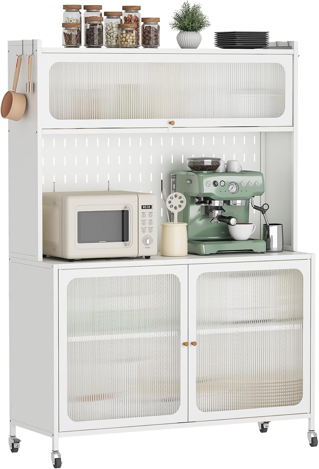 Rolling Kitchen Pantry Cabinet with 2 Glass Doors & Adjustable Shelves, Freestanding Metal Storage Credenza Organizer Utility Cupboard for Pantry, Kitchen, Bathroom,White