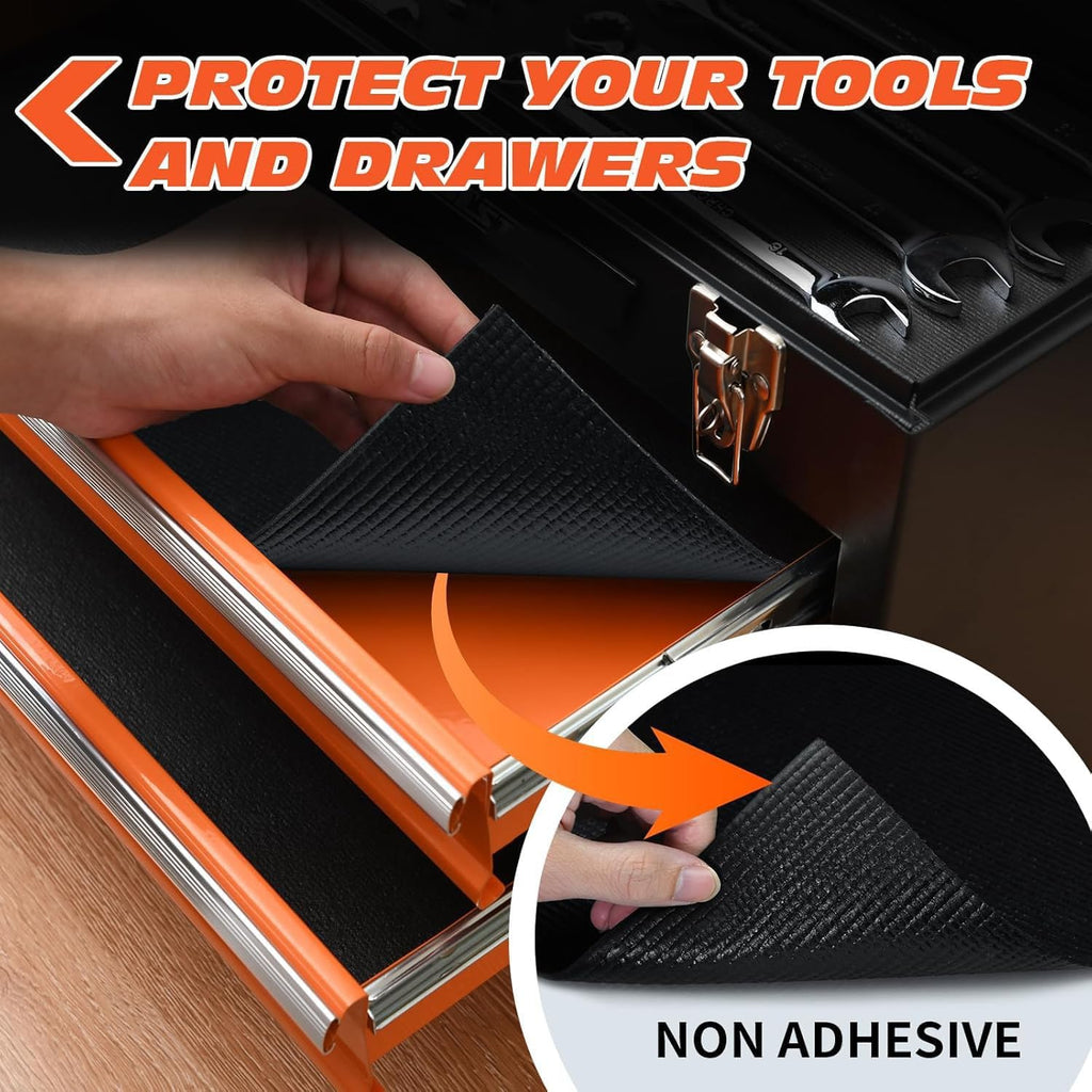 Professional Grade Tool Box Liner, Tool Box Drawer Liner 16 Ft X 16" Black Toolbox Liner,PVC Toolbox Drawer Liners, Shelf Liner Non Slip Mat, Thick Foam Cabinet Liner with Knife and Tape Measure