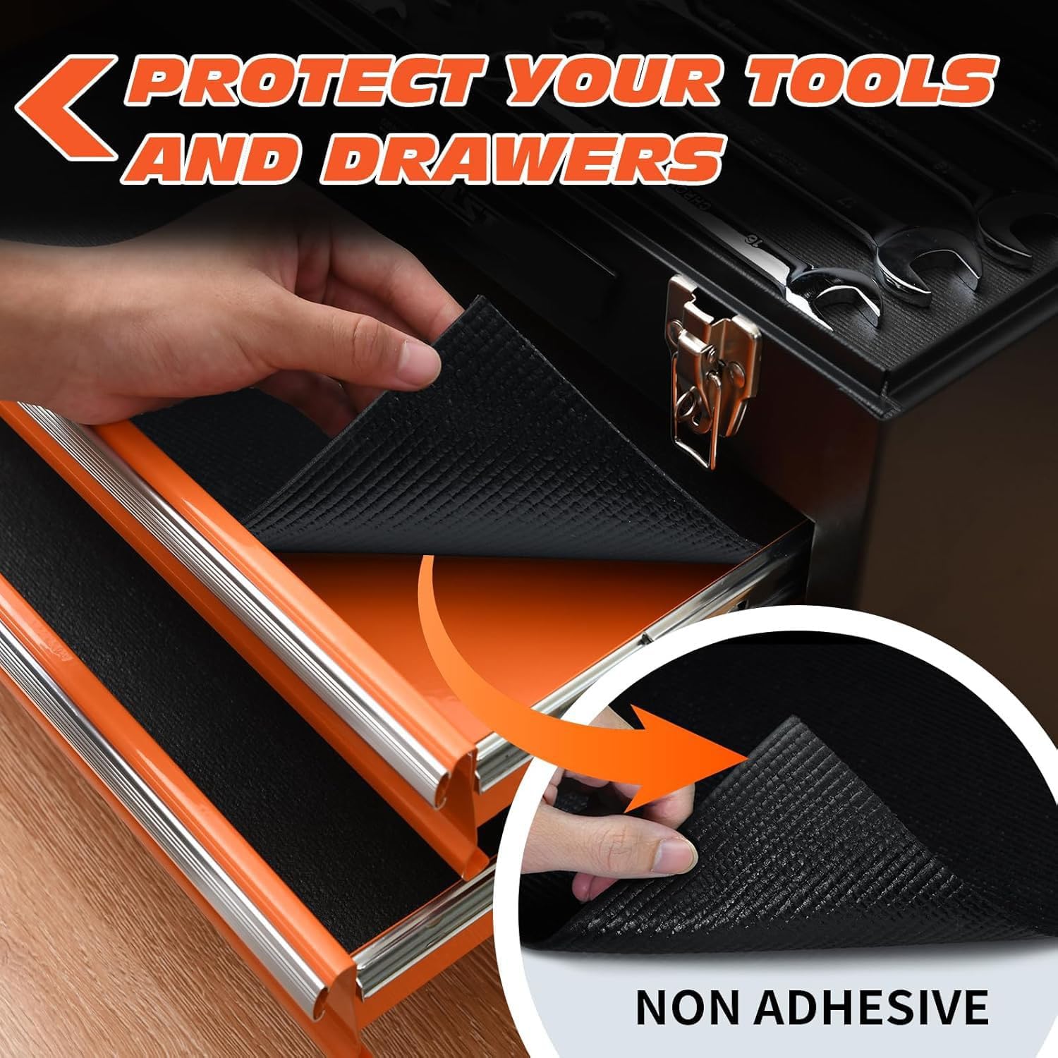 Professional Grade Tool Box Liner, Tool Box Drawer Liner 16 Ft X 16" Black Toolbox Liner,PVC Toolbox Drawer Liners, Shelf Liner Non Slip Mat, Thick Foam Cabinet Liner with Knife and Tape Measure
