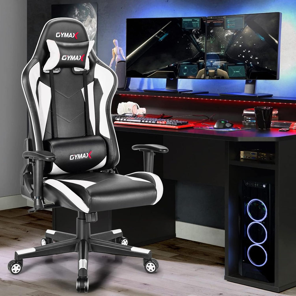 GYMAX Computer Gaming Chair, Racing Style Office Chair with Adjustable Lumbar Support Headrest, 360° Swivel, Height Adjustable Ergonomic Reclining Gaming Chair for Home Office Leisure Room (White)