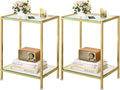 DAOUTIME Side Tables Set of 2, End Tables with Tempered Glass & Metal Frame, Small Nightstands with Storage Shelves, 2-Tier Gold Coffee Table with Modern Style, Slim Sofa Table for Living Room,Bedroom
